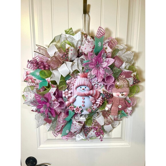 Handmade Pink Winter Snowman Holiday Ribbon Door Wreath 22 ins W81 - Picture 11 of 11
